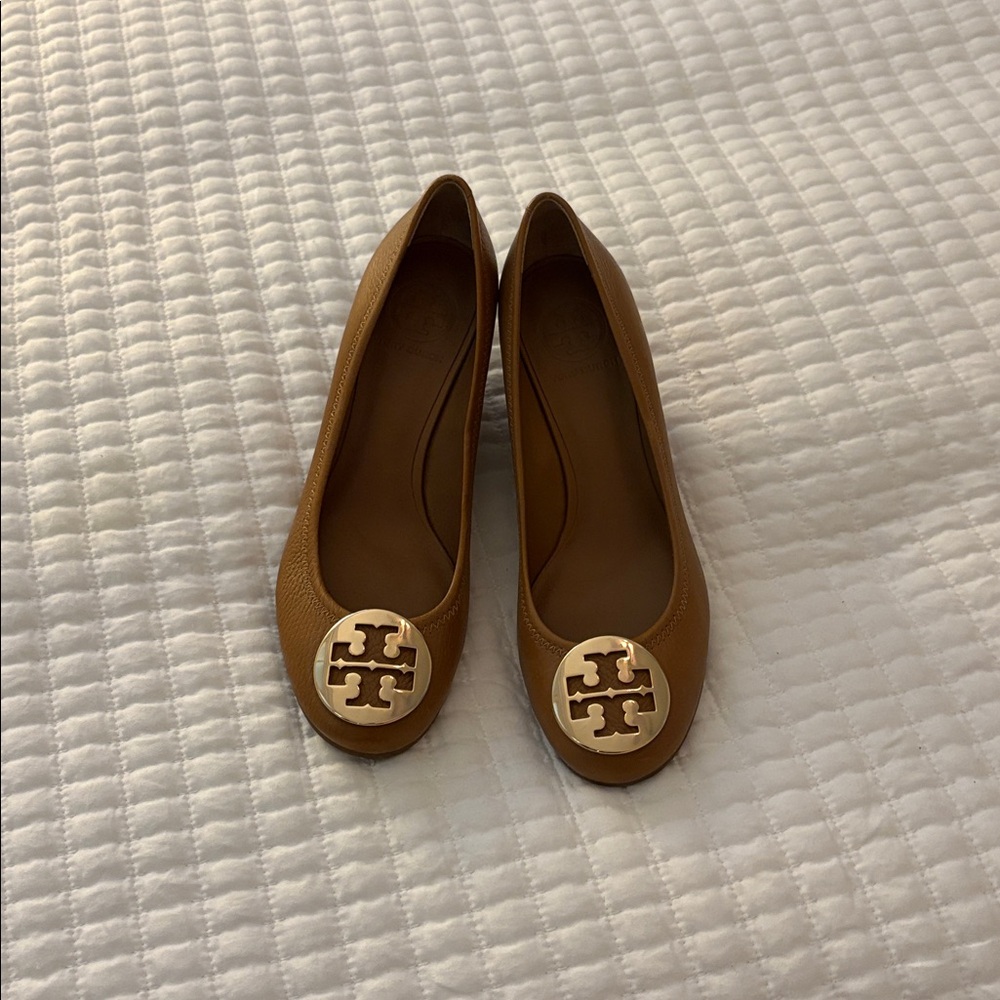 Tory Burch Tan Flats with Gold Emblem